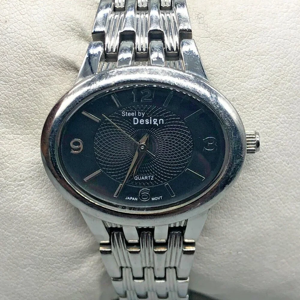3/$30 Steel by Design Watch Women Black Dial Silver Tone Bracelet 6.25